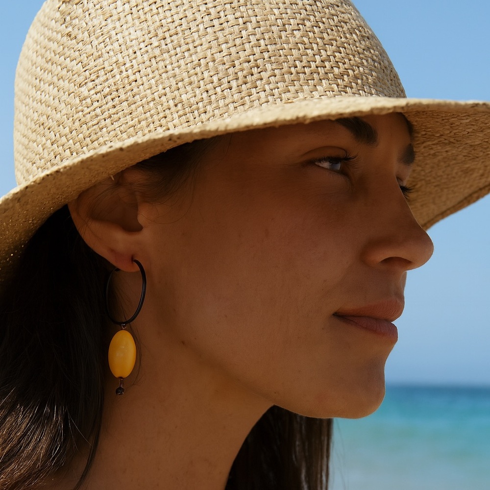 Handmade large Yellow Vintage beaded Black Hoop Drop Earrings 2.5 inch